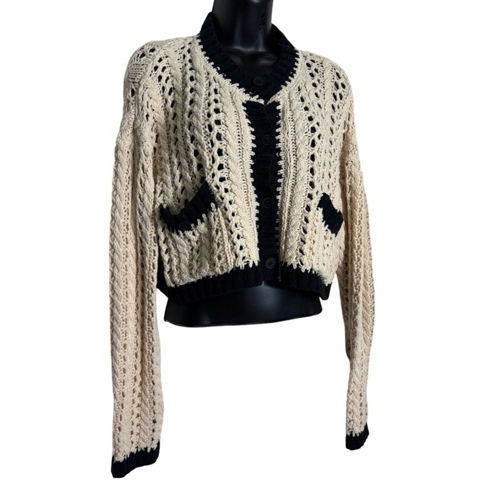 MOON RIVER Open Weave Crochet Cropped Button Down Cardigan NWT